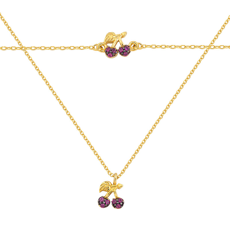 YELLOW GOLD CHERRY NECKLACE &BRACELET WITH RED ZIRCONS