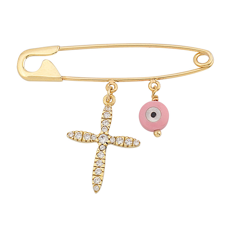 YELLOW GOLD SAFTY PIN WITH CROSS AND PINK EVIL EYE