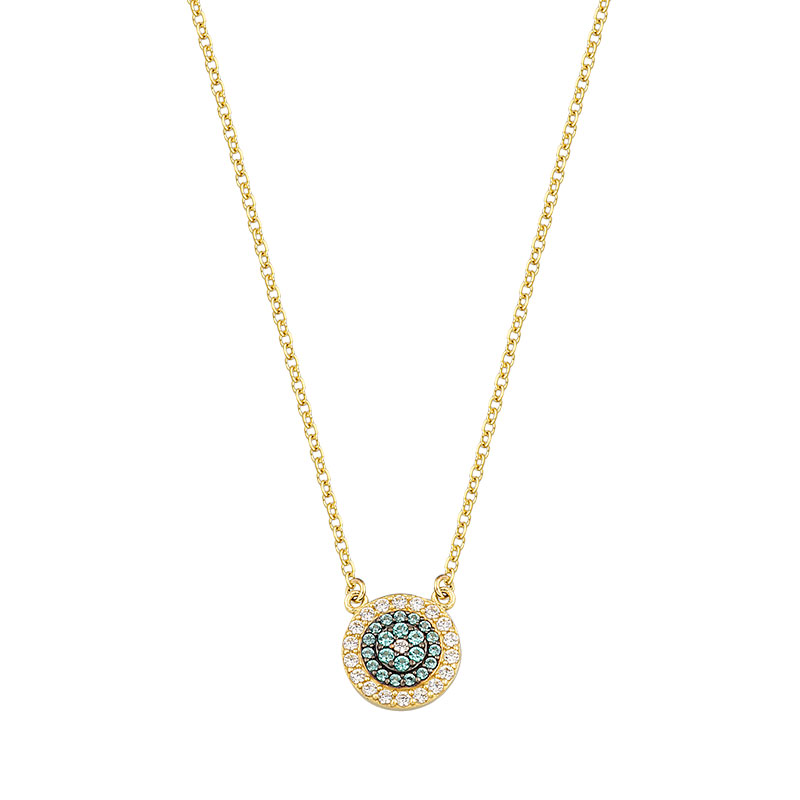 YELLOW GOLD EVIL EYE NECKLACE WITH PARAIBA AND WHITE ZIRCONS