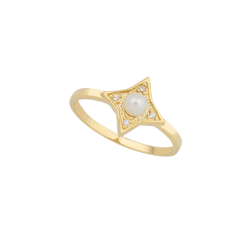 YELLOW GOLD STAR RING WITH PEARL AND WHITE ZIRCONS