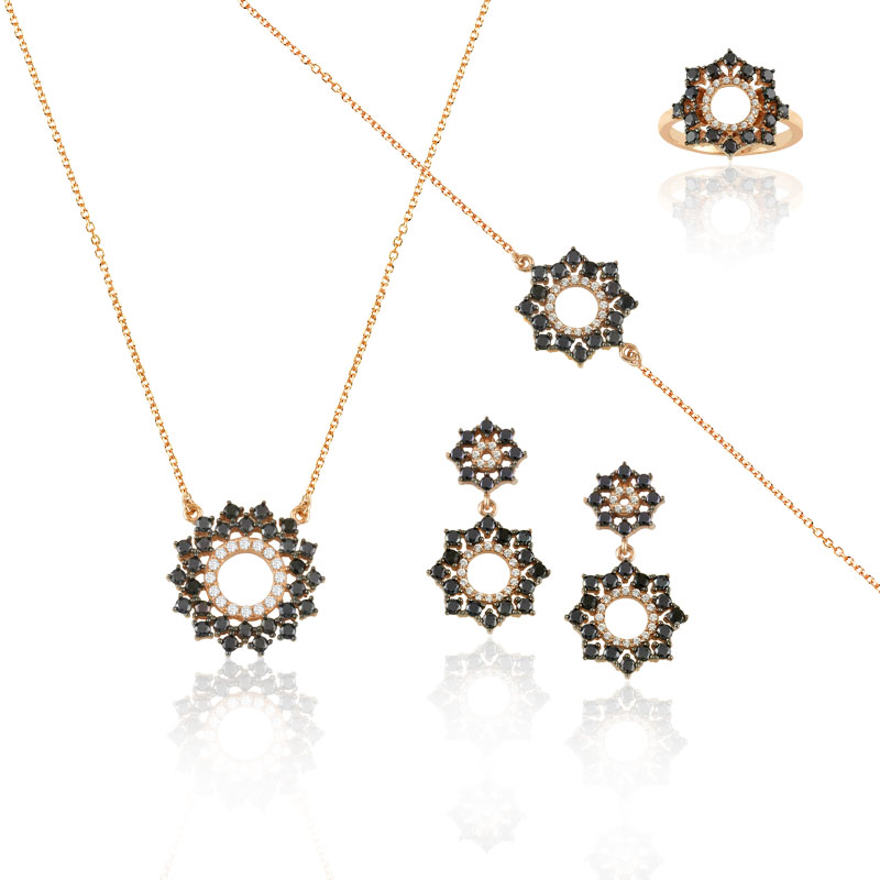 ROSE GOLD FLOWER SET WITH BLACK AND WHITE ZIRCOS