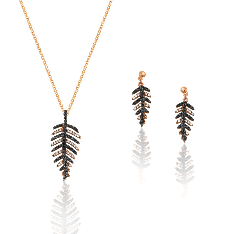 ROSE GOLD FEATHER SET WITH BLACK AND WHITE ZIRCONS
