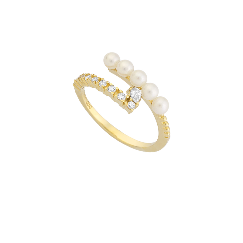 YELLOW GOLD K14 RING WITH WHITE ZIRCONS AND PEARLS