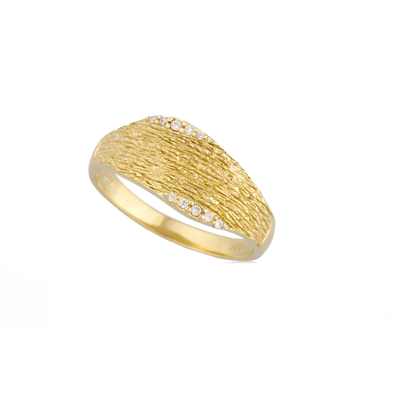 YELLOW GOLD K14 RING WITH SOFT TEXTURE AND WHITE ZIRCONS