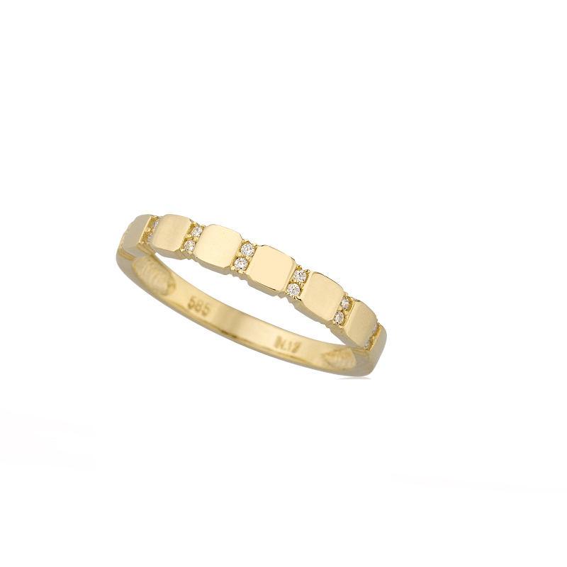 YELLOW GOLD K14 RING WITH SQUARES AND WHITE ZIRCONS