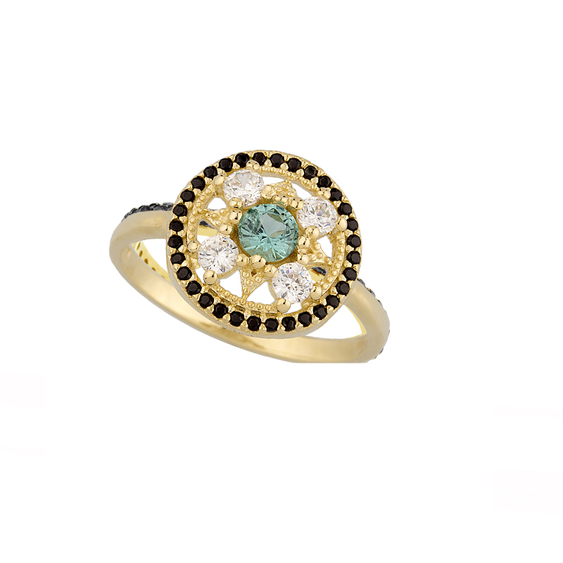YELLOW GOLD K14 RING WITH WHITE , BLACK AND NANOSITAL ZIRCONS